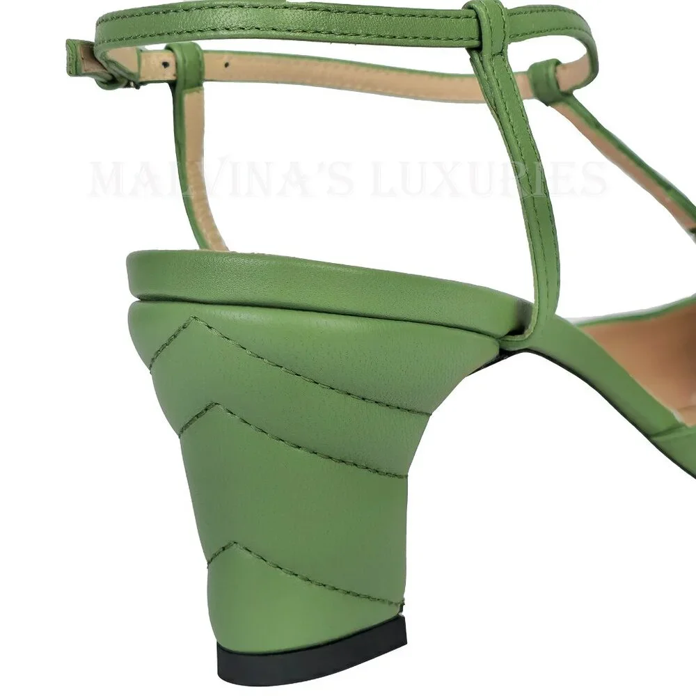 GUCCI SHOES T-STRAP GREEN LEATHER DOUBLE G LOGO SLINGBACK PUMPS 40 10 - Picture 7 of 16